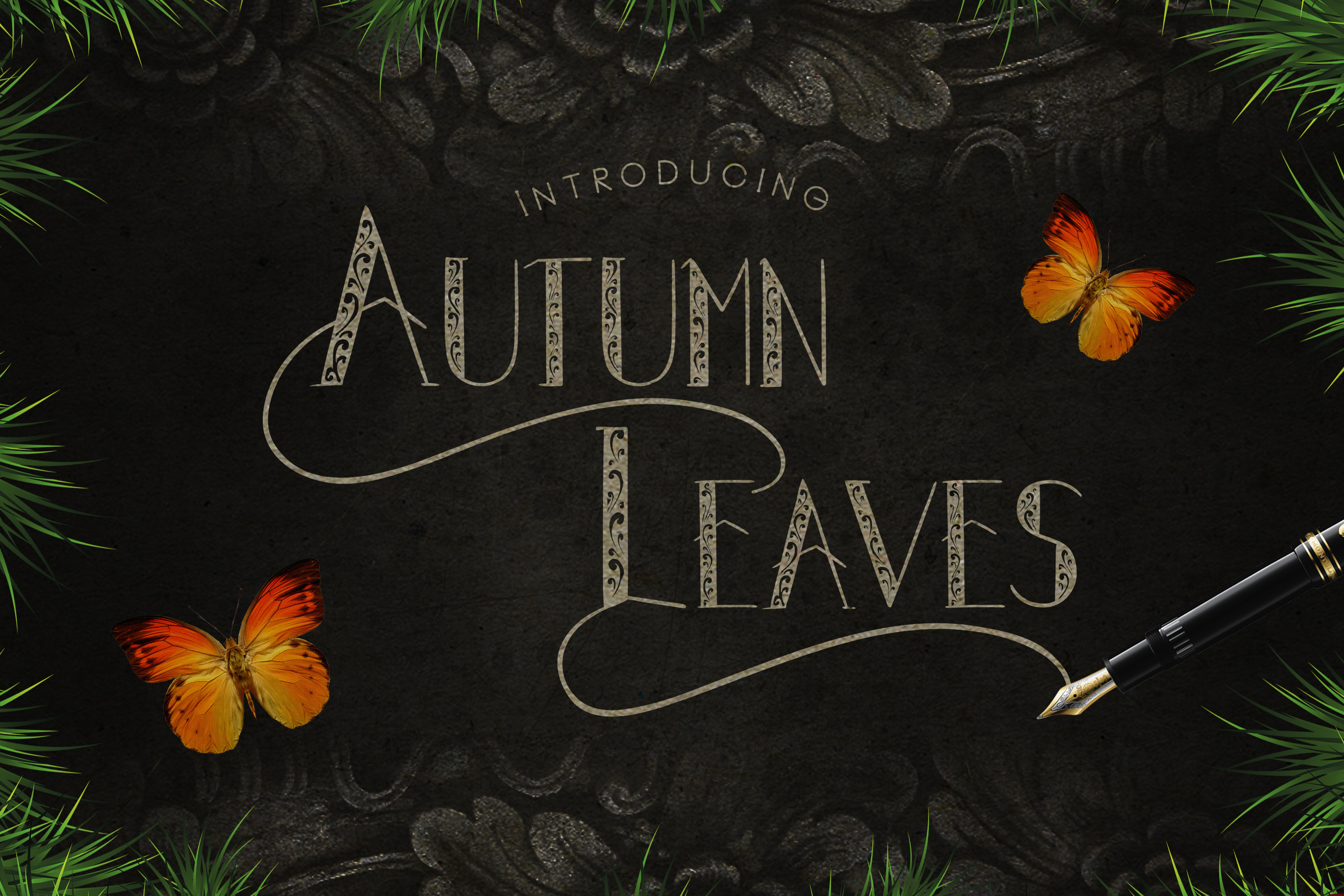 Autumn Leaves decorative font — letterforms with leaf shapes and natural textures for seasonal headlines