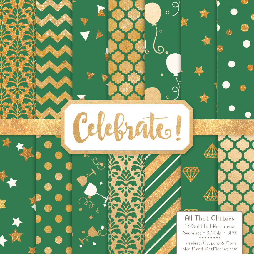 Emerald Celebrate Gold Digital Paper Set Graphic by Amanda Ilkov ...