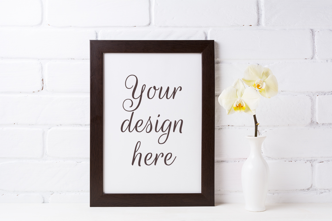 Black Brown Frame Mockup with Soft Yellow Orchid in Vase Graphic Frames & Posters By TasiPas
