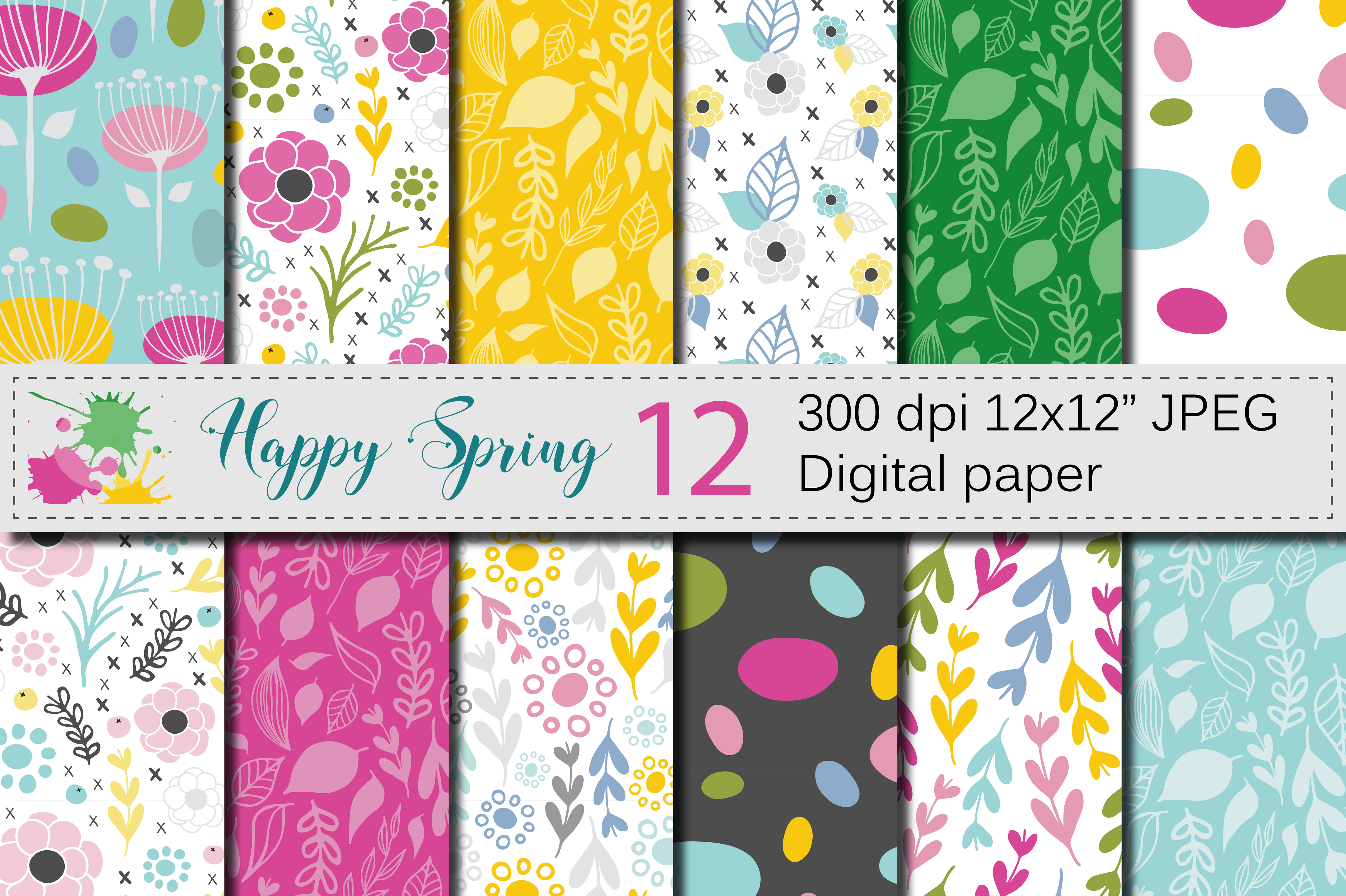 Seamless Bright Spring Digital Paper / Hand Drawn Flowers, Leaves ...