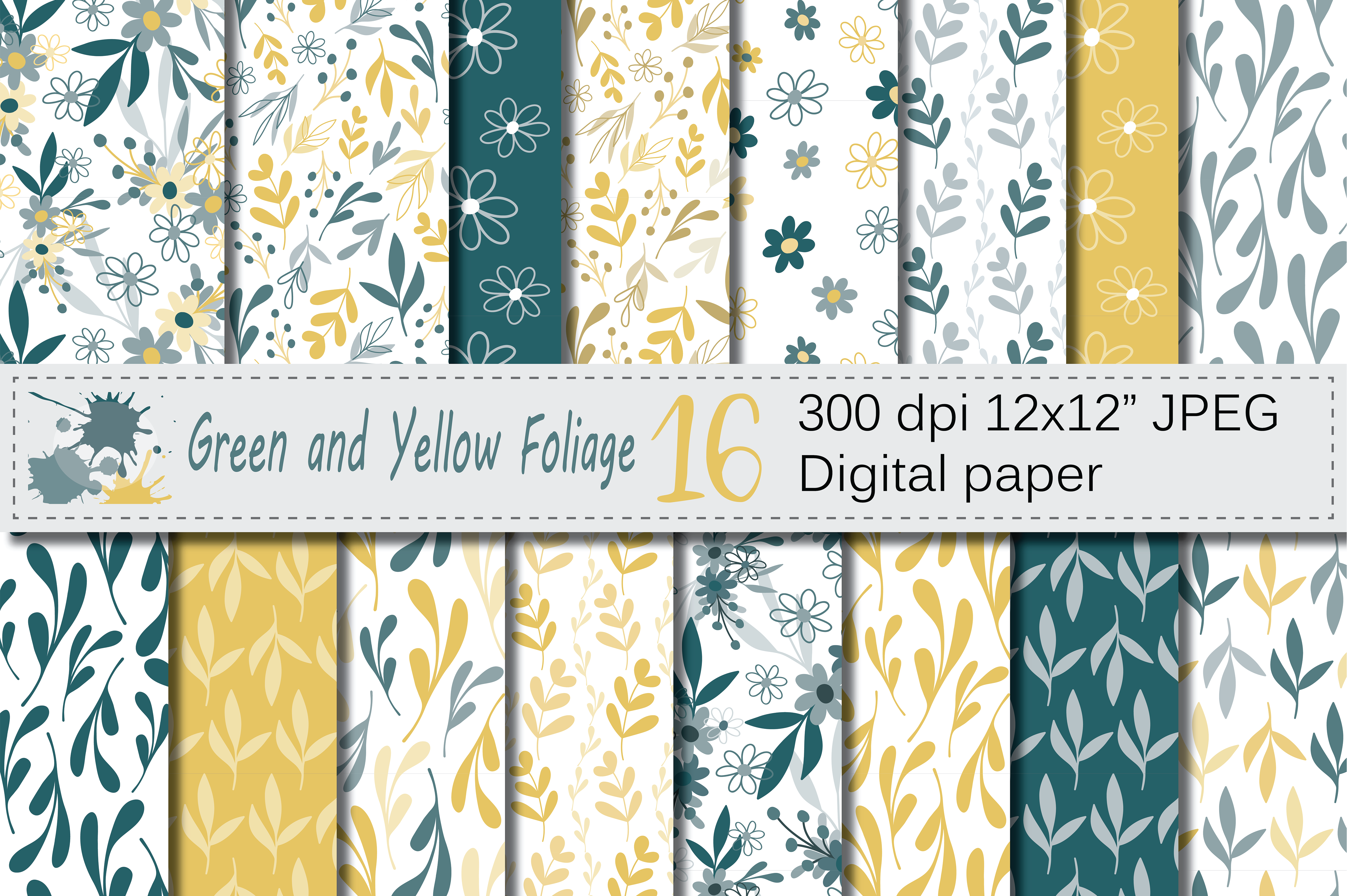 Seamless Green and Yellow Hand Drawn Flowers and Leaves Digital Paper / Foliage Seamless Pattern