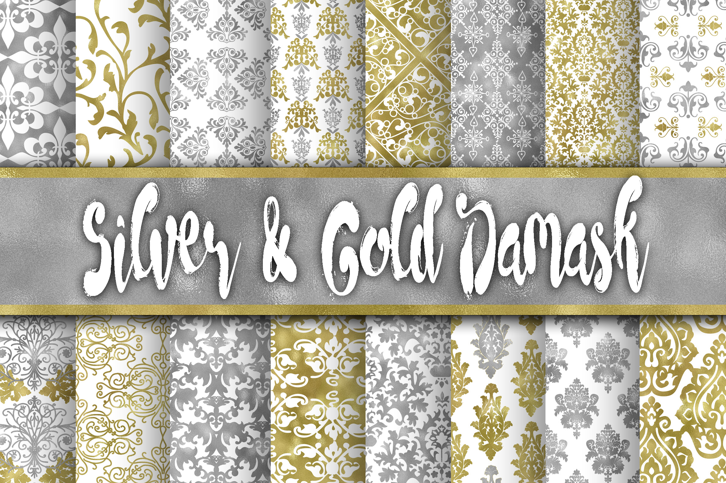 Silver and Gold Damask Digital Paper Graphic by oldmarketdesigns ...