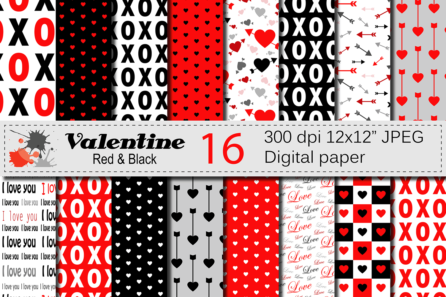 Red and Black Valentine Digital Paper Pack with Hearts and Arrows / Valentine Backgrounds