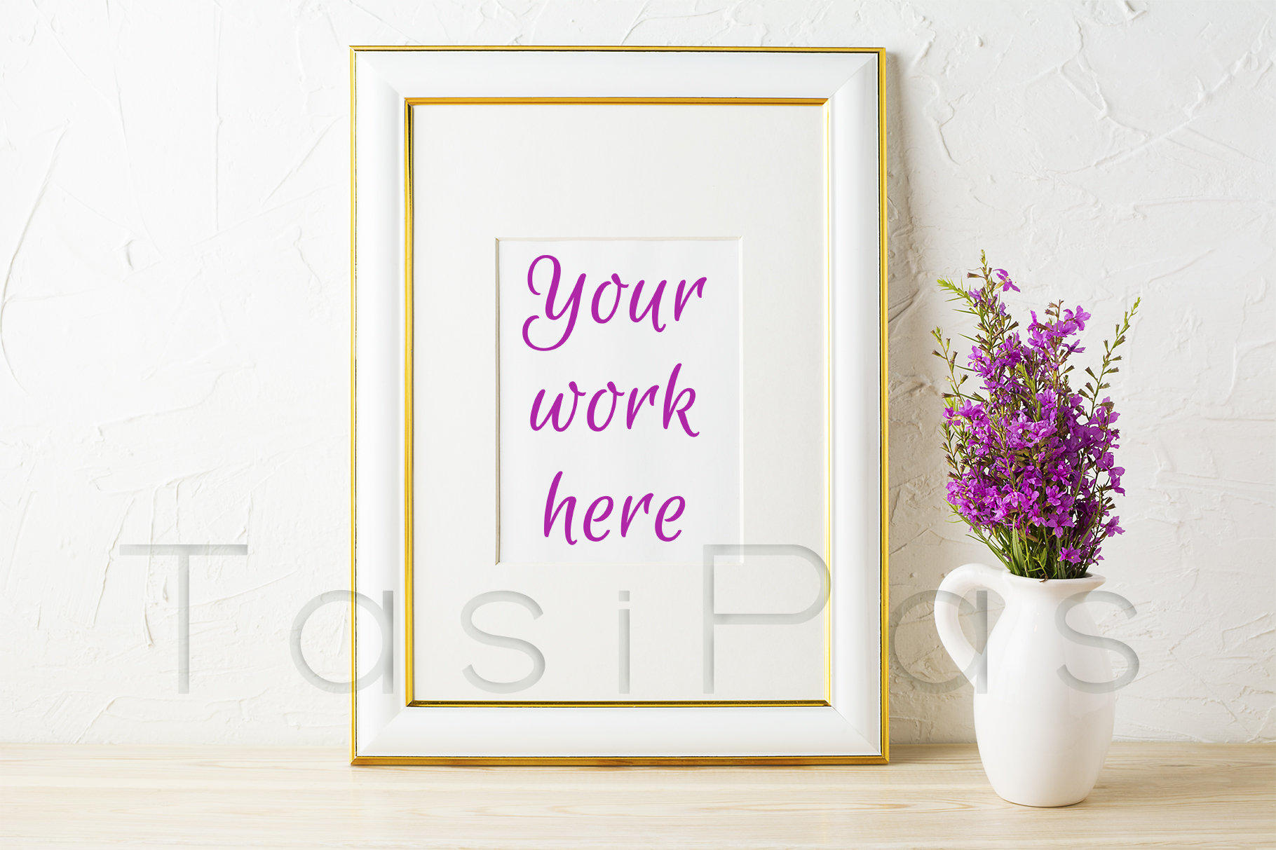 Gold Decorated Frame Mockup and Purple Wildflowers in Pitcher Graphic Frames & Posters By TasiPas