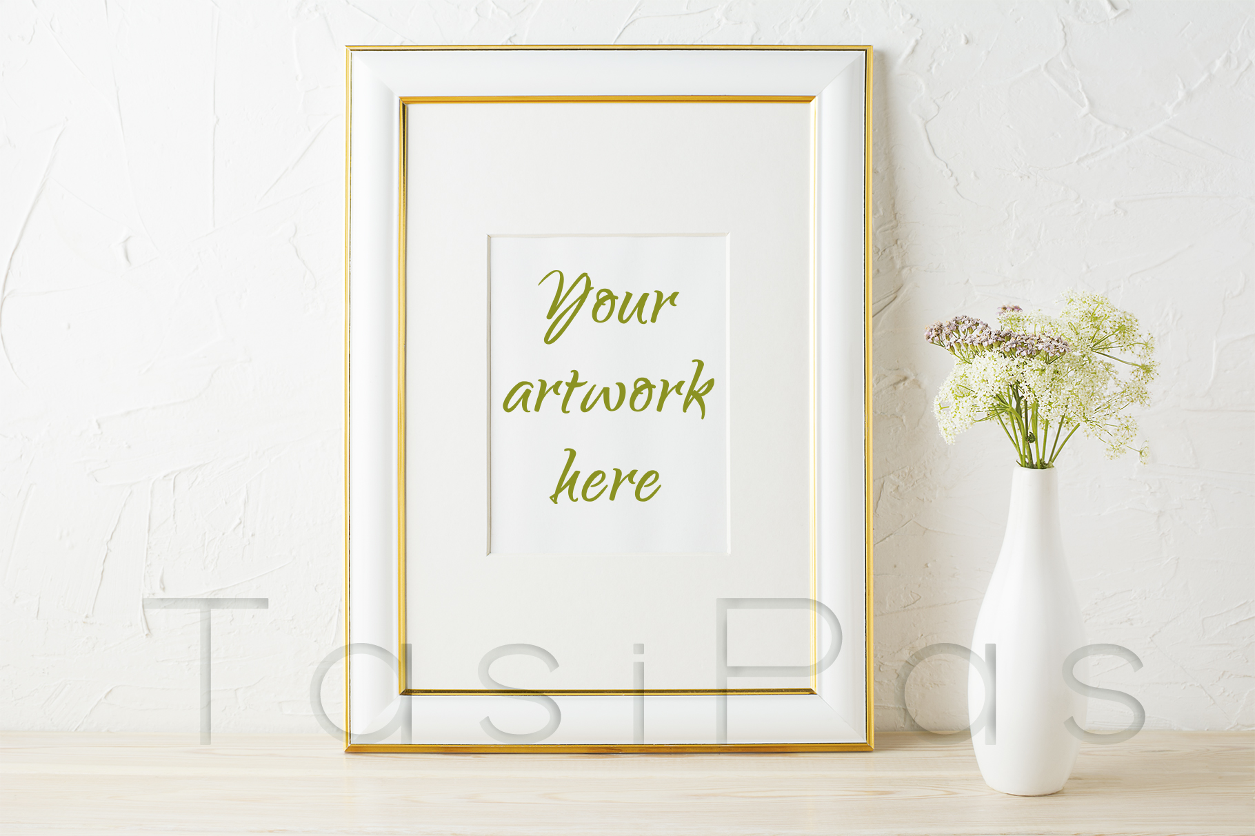 Gold Decorated Frame Mockup with White and Pink Wildflowers Graphic Frames & Posters By TasiPas