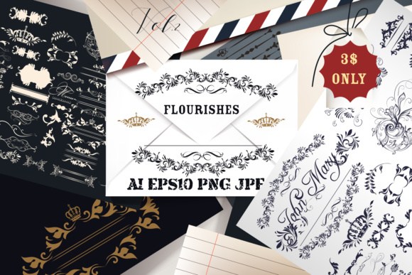 Set of Vintage Flourishes Graphic Decorative Elements By fleurartmariia