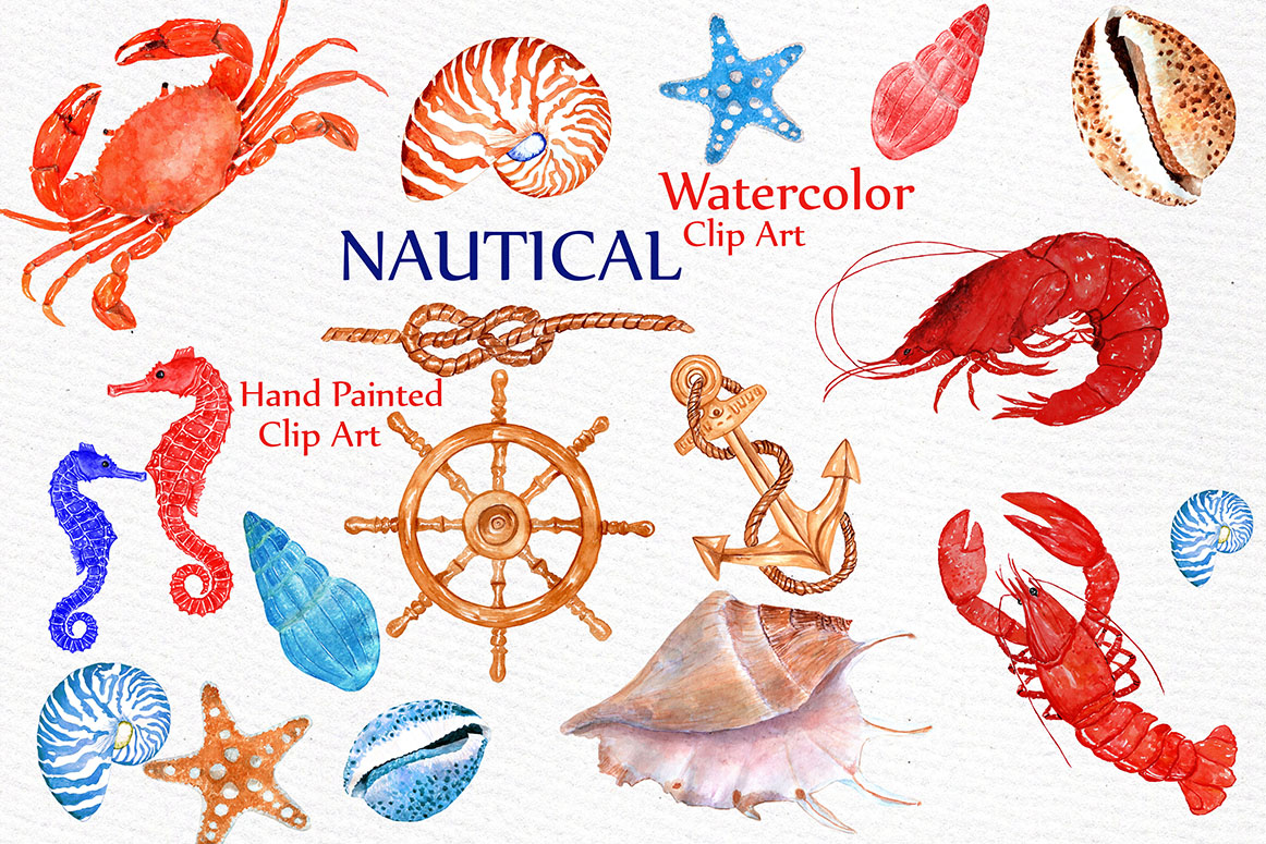 Nautical Watercolor Clipart BEACH ANIMALS CLIPART Watercolor Crabs Crustacean Clip Art Lobster Clipart - photo 1