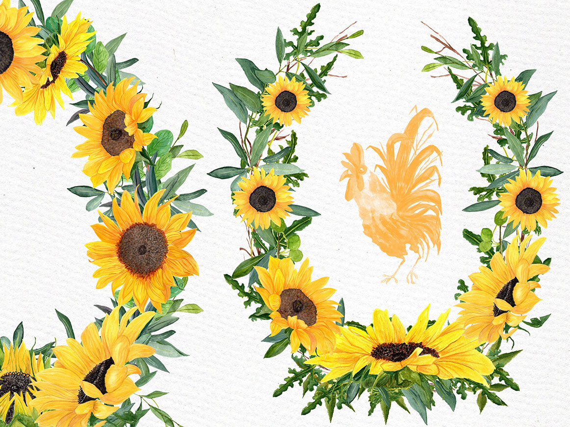 Sunflower Clipart Watercolor Wreath SUNFLOWER BOUQUETS Wedding Clipart Floral Wreaths Yellow Flowers - photo 4