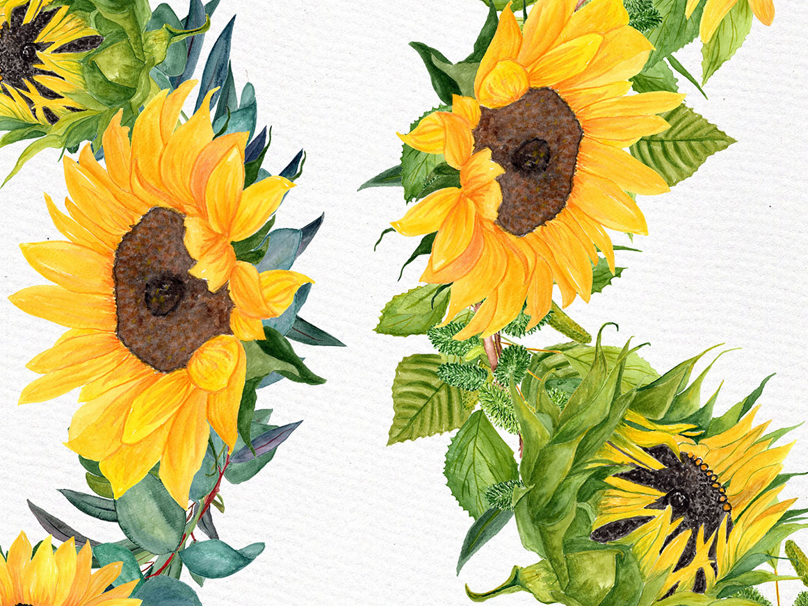 Sunflower Clipart Watercolor Wreath SUNFLOWER BOUQUETS Wedding Clipart Floral Wreaths Yellow Flowers - photo 5