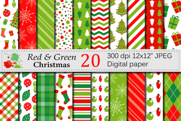 Red and Green Christmas Digital Paper Set Graphic Patterns By VR Digital Design