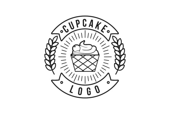 Vintage Mono Line Cupcake and Wheat, Bakery Logo