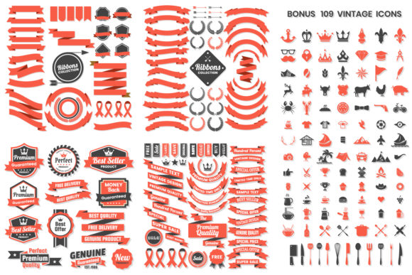 Vintage Badge, Banner & Objects Vector Set, Coral and Gray Graphic Logos By toonsteb