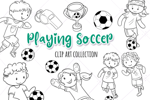Kids Playing Soccer (Black and White) Graphic Illustrations By Keepinitkawaiidesign