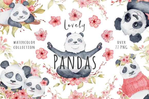 Lovely Pandas and Sakura Watercolor Set Grafica Illustrazioni Stampabili Di EvgeniiasArt