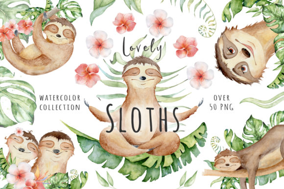 Lovely Sloths Watercolor Animals Clipart Gráfico Ilustraciones Imprimibles Por EvgeniiasArt