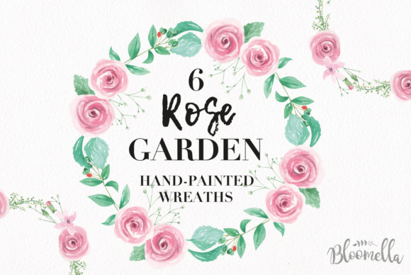 Rose Garden Wreaths Pink Set Watercolor Graphic Illustrations By Bloomella