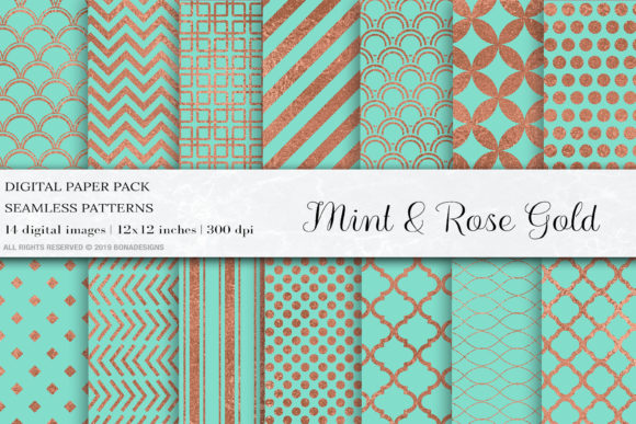 Mint Rose Gold Digital Papers, Rose Gold Graphic Patterns By BonaDesigns