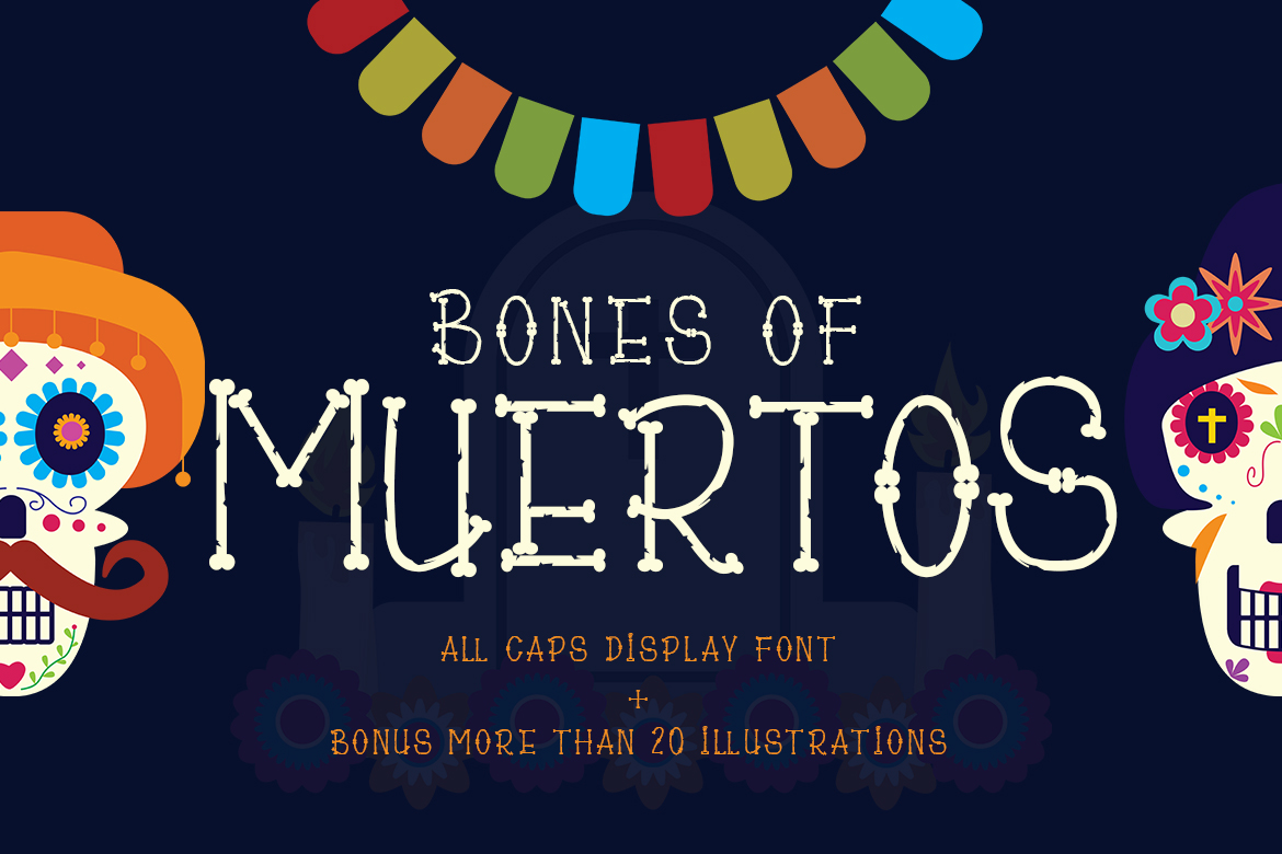 Bones of Muertos font preview, skeleton themed display lettering