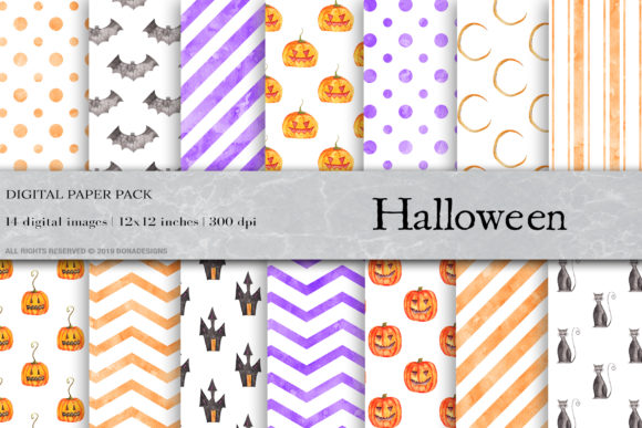 Watercolor Halloween Digital Papers Graphic Patterns By BonaDesigns