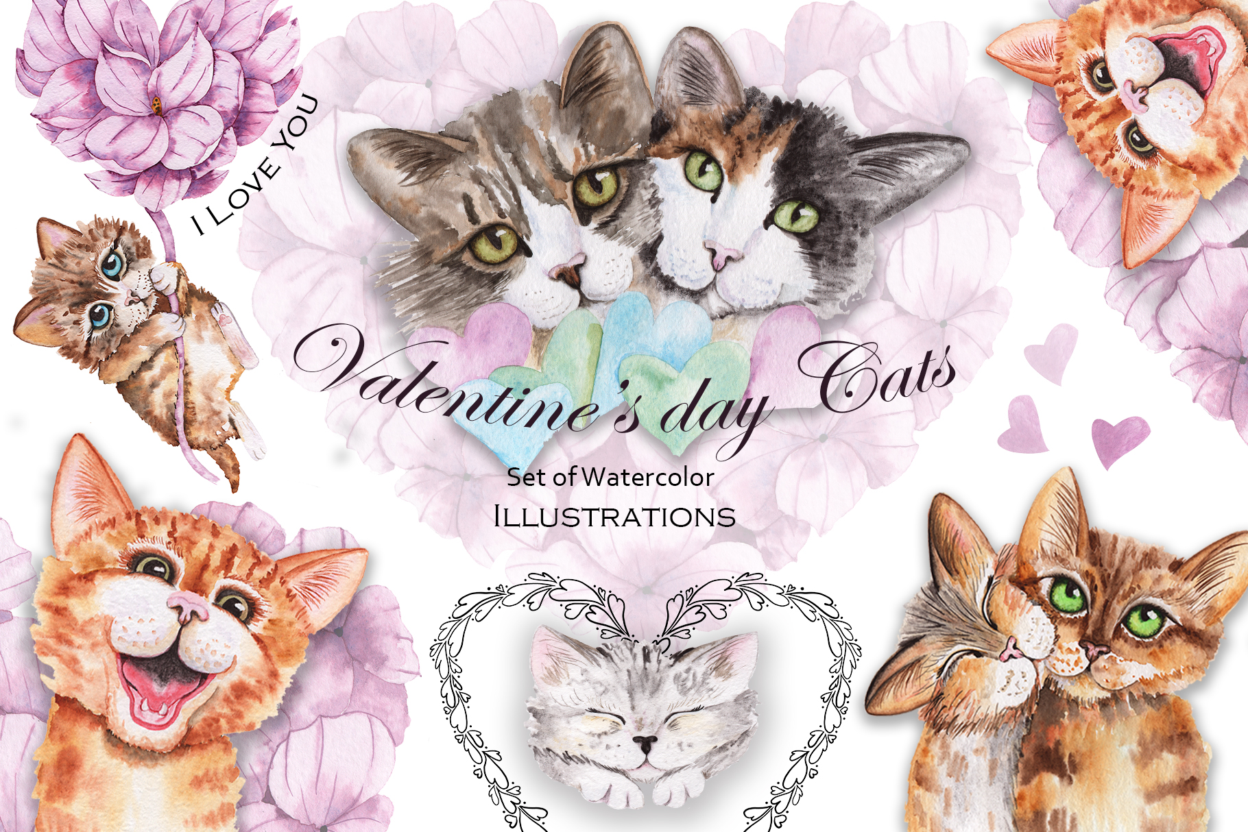 Valentine's Day Watercolor Cats Graphic by tanatadesign · Creative Fabrica