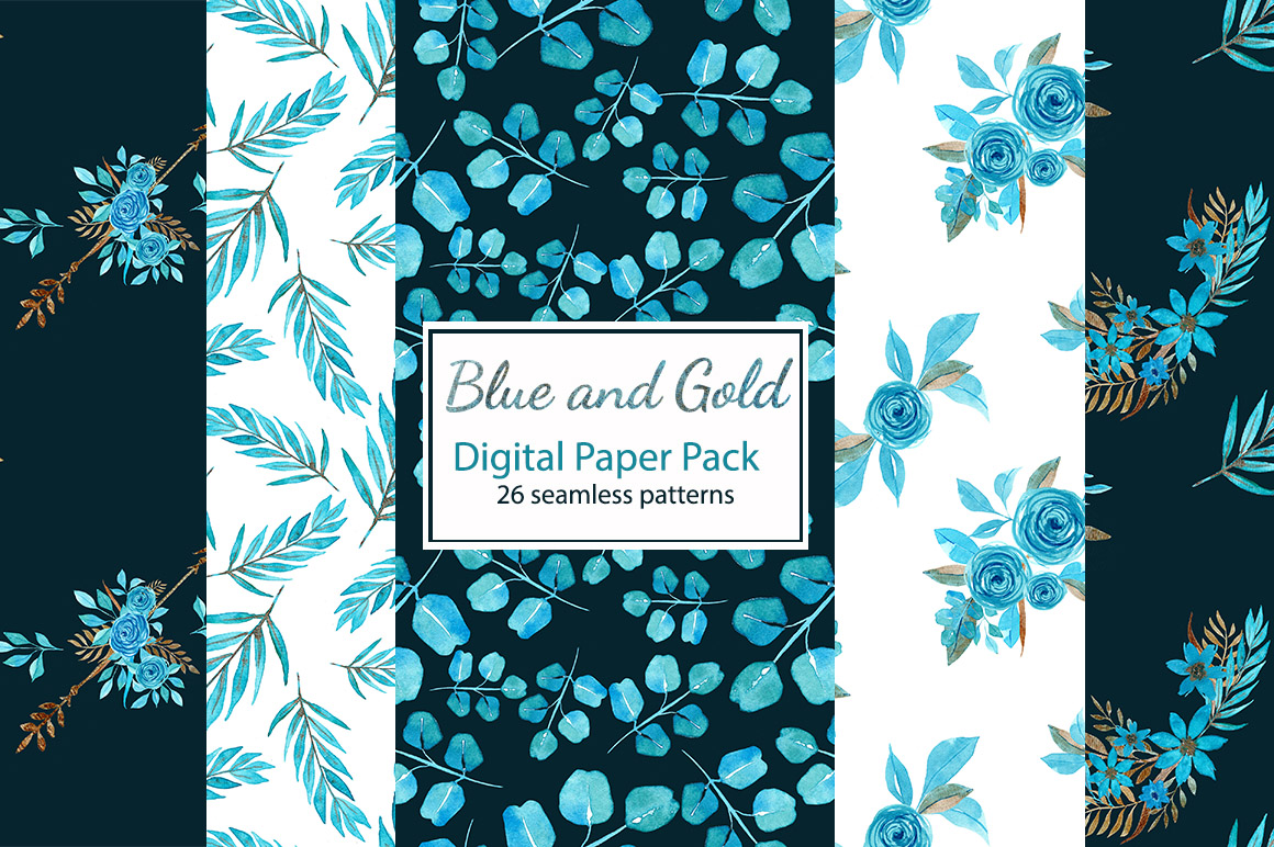 Blue and Gold Floral Digital Paper Pack Graphic by s.yanyeva · Creative ...