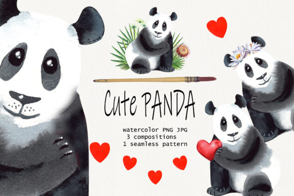 Watercolor Cute Panda Clip Art Graphic Illustrations By evgenia_art_art