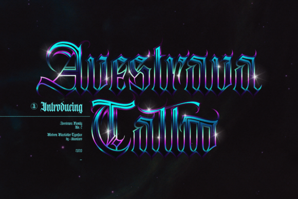 Preview specimen of Avestrava Tattoo blackletter font