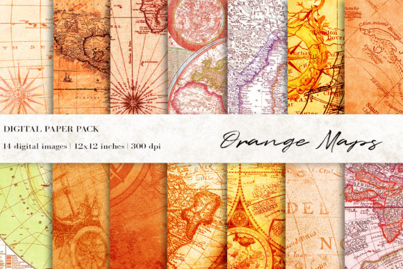 Orange Vintage Maps Digital Papers Gráfico Ilustraciones Imprimibles Por BonaDesigns
