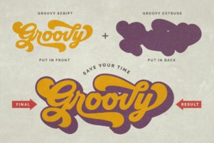 Groovy font alphabet and glyph waterfall specimen showing uppercase and lowercase letters, numbers, and swash alternates at decreasing sizes.