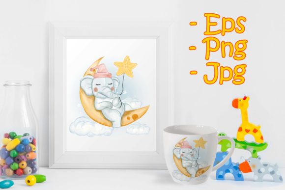Cute Elephant Sleeping on the Moon with Graphic Illustrations By OrchidArt