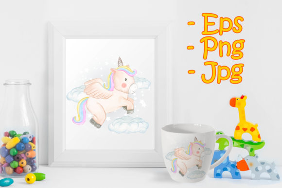 Unicorns Fly over Clouds in Watercolor Graphic Illustrations By OrchidArt