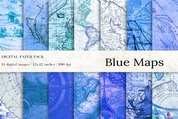 Blue Maps Digital Papers, Vintage Maps Graphic Textures By BonaDesigns