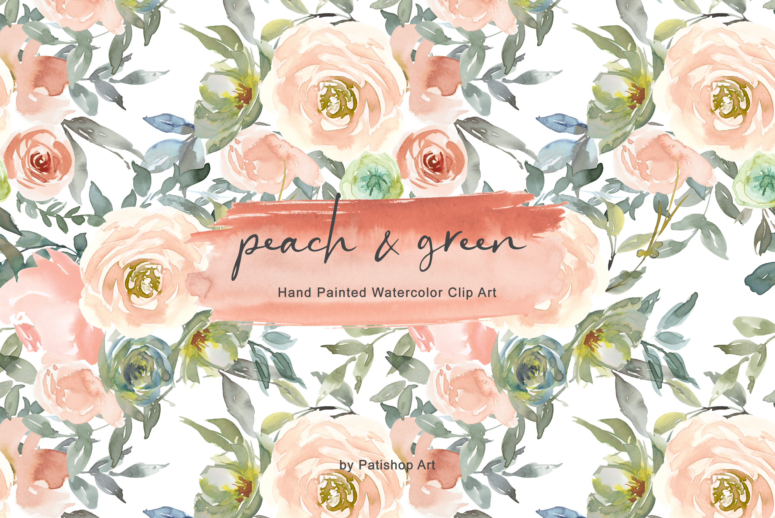 Peach & Green Watercolor Floral Clipart Graphic by Patishop Art ...