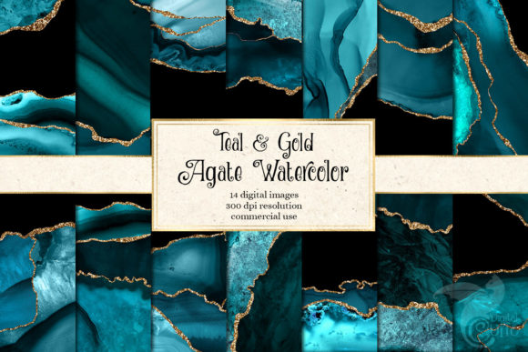 Teal and Gold Agate Digital Paper