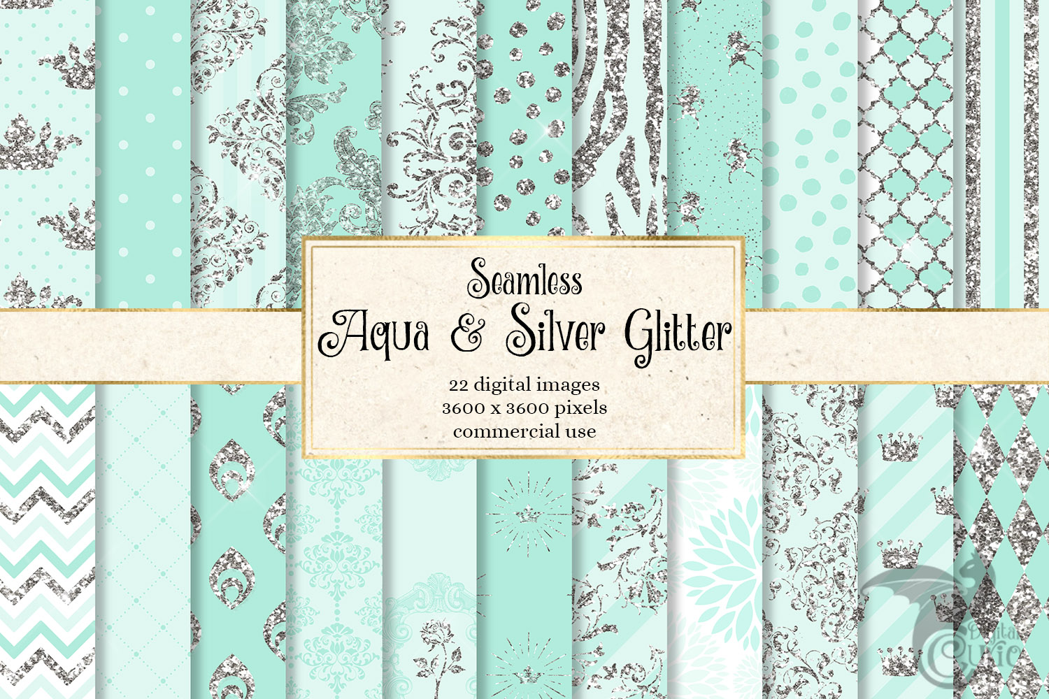 Aqua and Silver Glitter Digital Paper Graphic by Digital Curio ...