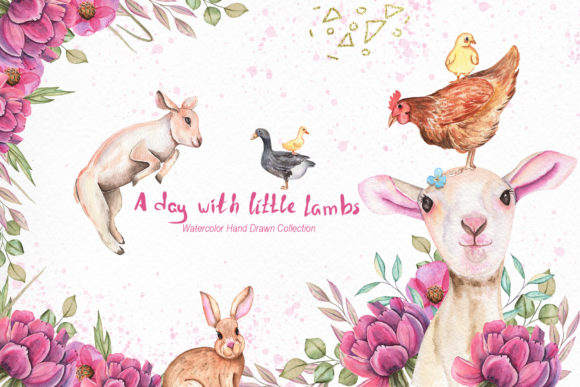 Watercolor Day with Little Lambs Graphic Illustrations By tanatadesign