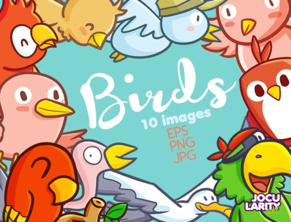 Kawaii Happy Birds Clipart - Cute Birds. Graphic Illustrations By JocularityArt