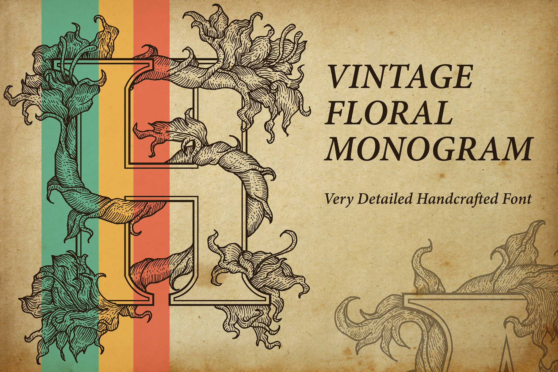 Vintage Floral Monogram font preview in a floral monogram style