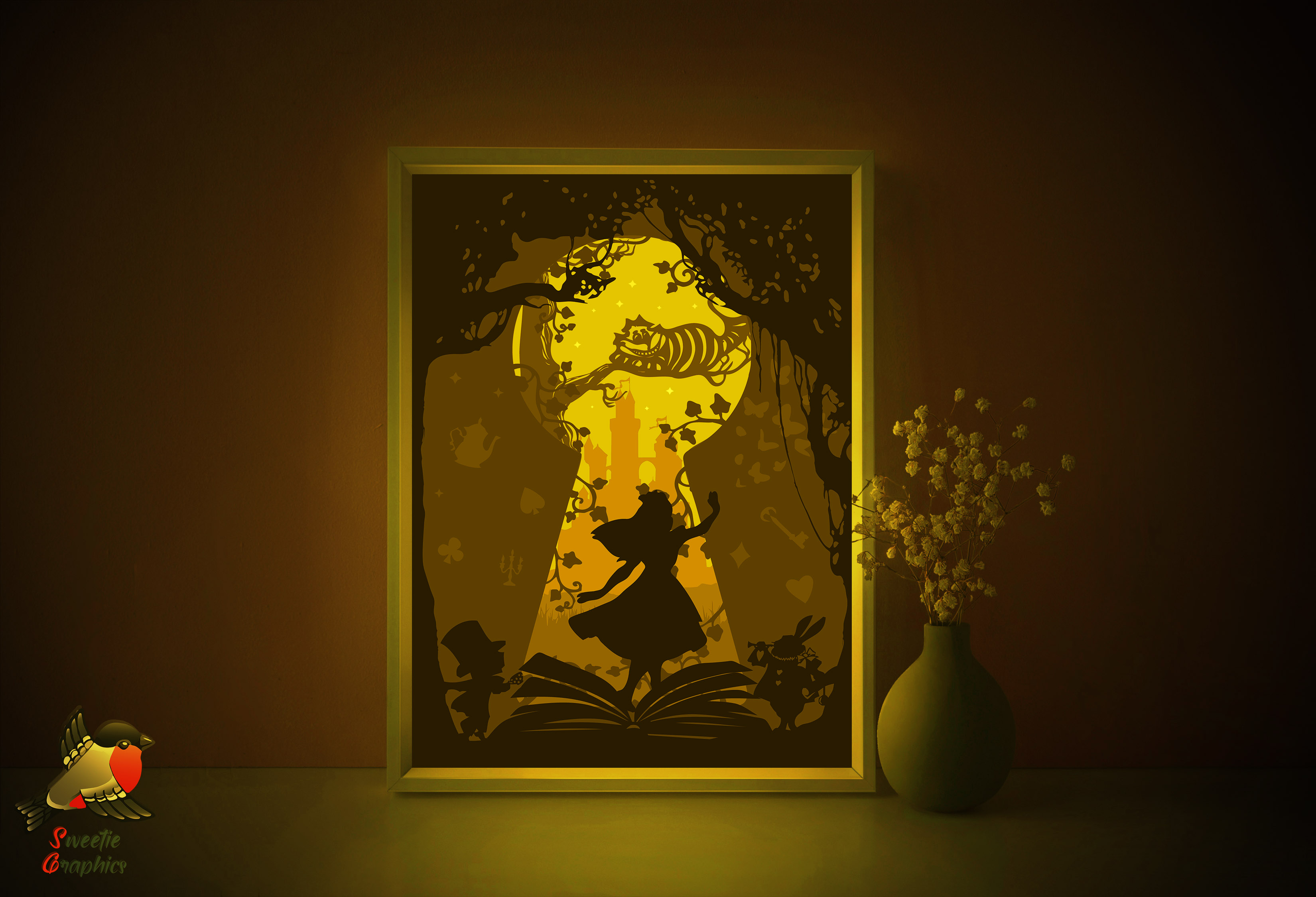 Alice in Wonderland Light Box Template SVG layered papercut Cricut Cheshire Cat