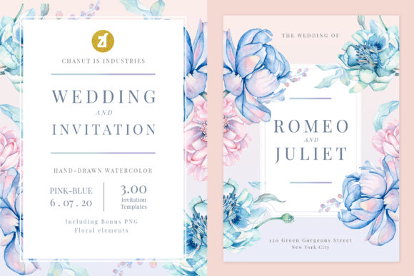 Blue-Pink Floral Wedding Invitation
