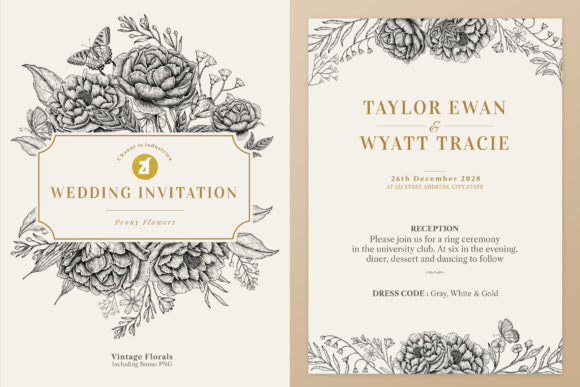 Peony Vintage Wedding Invitation Graphic Graphic Print Templates By Rafiico Creative Studio
