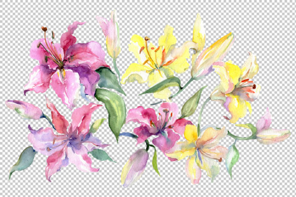 Bouquet with Lilies Pink and Yellow Watercolor&nbsp; Graphic Illustrations By MyStocks