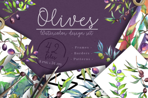 Branches of an Olive Tree Watercolor Set Graphic Illustrations By MyStocks
