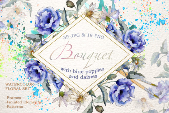 Bouquet with Blue Poppies and Daisies Watercolor Graphic Illustrations By MyStocks