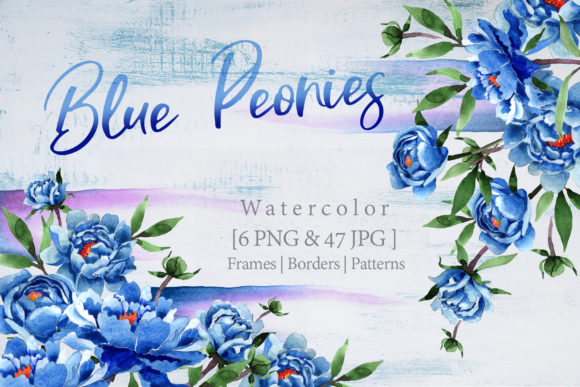 Cool Blue Peonies Watercolor Flower Set Grafica Illustrazioni Stampabili Di MyStocks
