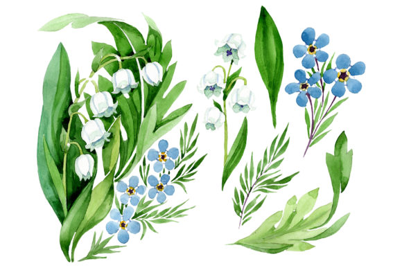 Lily of the Valley and Forget-me-nots Watercolor Graphic Illustrations By MyStocks