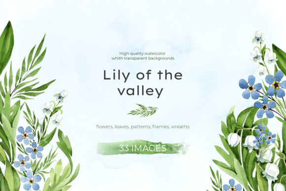 Lily of the Valley Watercolor and Forget-me-nots Afbeelding Afdrukbare Illustraties Door MyStocks