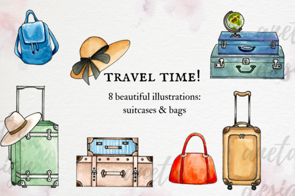 Watercolor Travel Clip Art, Vintage Suit Grafika Ilustracje do Druku Przez Aneta Design 