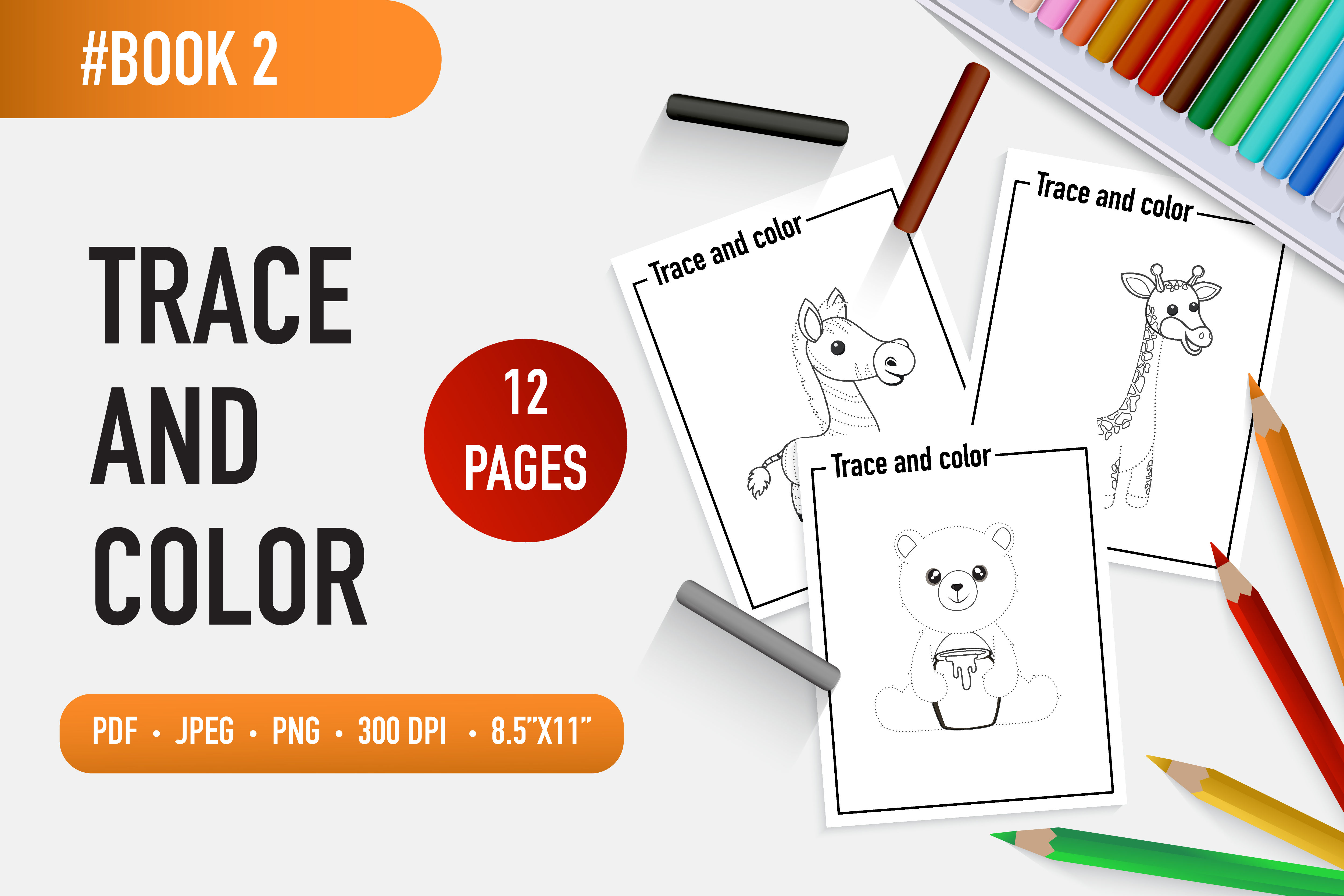 12 Adorable Animals Trace and Color Book
