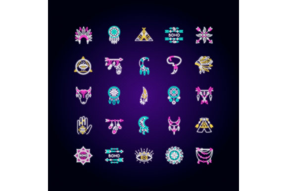 Boho Style Neon Light Icons Set
